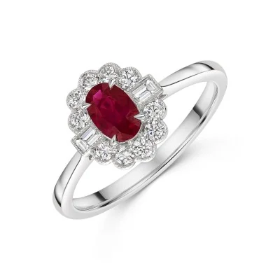 18ct White Gold 0.50ct Oval Cut Ruby & Mixed Cut Diamond Halo Ring