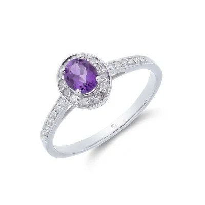 9ct White Gold Oval Cut Amethyst 0.53ct Diamond Halo Ring