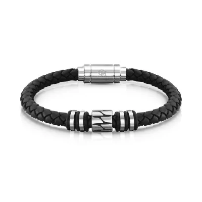 Gents Stainless Steel & Leather Patterned Centre Link Bracelet