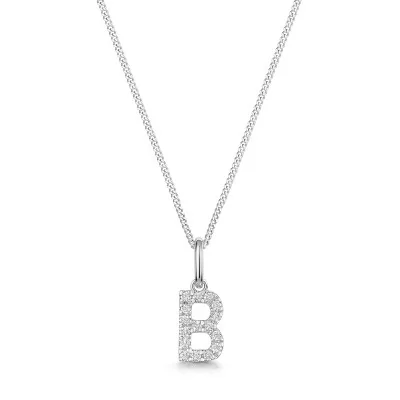 9ct White Gold Round Brilliant 0.07ct Diamond Initial B Pendant