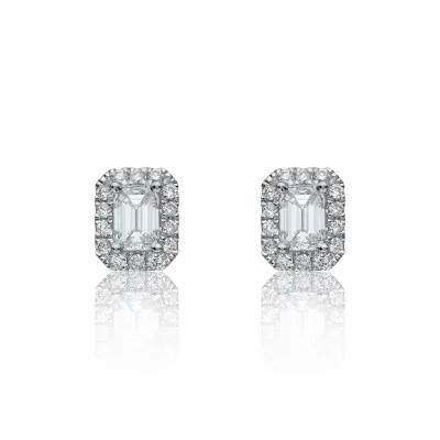18ct White Gold Emerald Cut 0.74ct Diamond Halo Stud Earrings