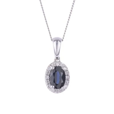 9ct White Gold Oval Cut Sapphire 0.68ct Diamond Halo Pendant