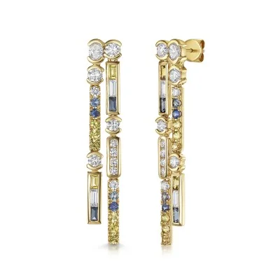 18ct Yellow Gold 1.75ct Blue & Yellow Sapphire & Lab Grown Diamond Double Drop Earrings