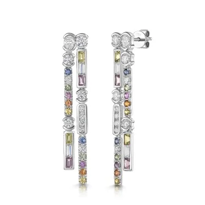 Platinum 3.55ct Green, Pink & Orange Sapphire with Lab Grown Diamond Drop Earrings