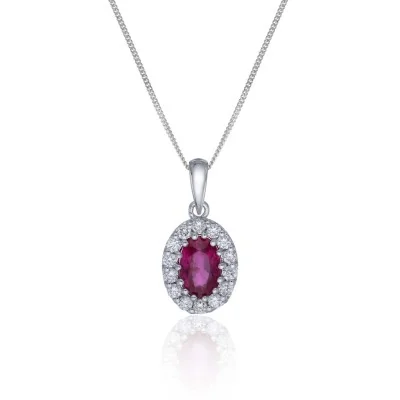 9ct White Gold Ruby and Diamond Halo Pendant