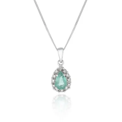 9ct White Gold Pear Shape Emerald and 0.04ct Diamond Cluster Pendant
