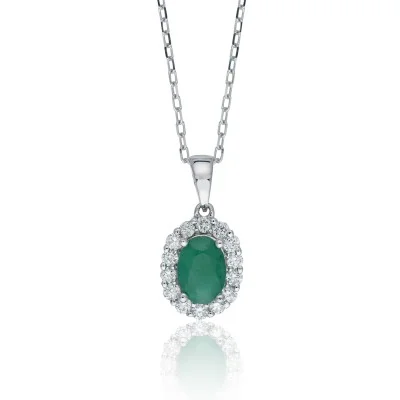 18ct White Gold Oval Cut 1.11ct Emerald and Diamond Halo Pendant