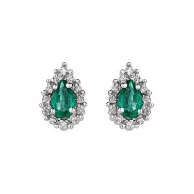 9ct White Gold Pear Cut Emerald 0.039ct Diamond Halo Earrings