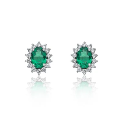 18ct White Gold 1.90ct Oval Cut Emerald & Diamond Traditional Halo Stud Earrings