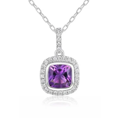18ct White Gold Cushion Cut 1.07ct Amethyst and Diamond Halo Pendant