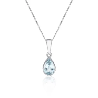 9ct White Gold Pear Cut Aquamarine Rub Over Pendant