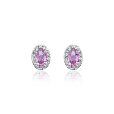 9ct White Gold Oval Cut Pink Sapphire 0.80ct Diamond Halo Stud Earrings