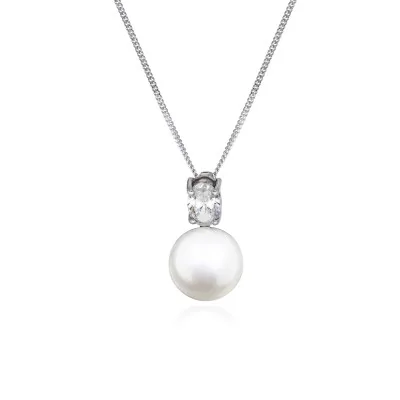 9ct White Gold pearl Oval Cubic Zirconia Pendant