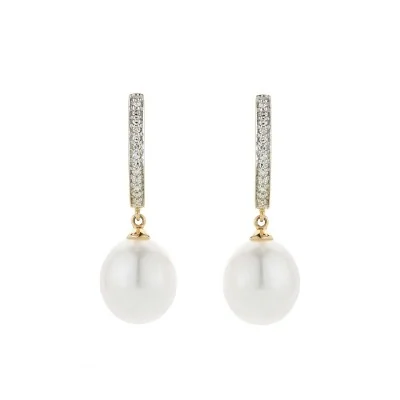 9ct Yellow Gold Pearl And Diamond 0.08ct Drop Earrings