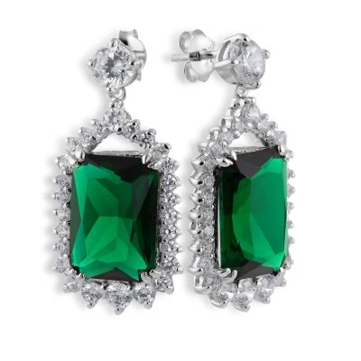 Silver Emerald Cut Forest Green Crystal and Cubic Zirconia Halo Drop Earrings