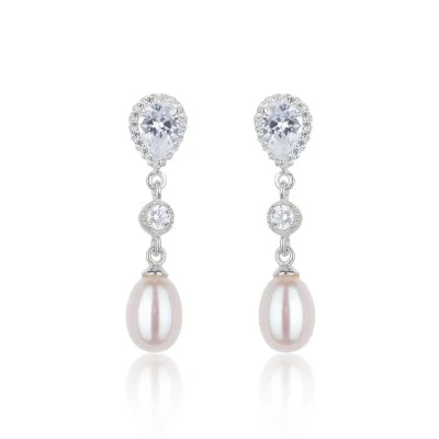 Silver Pearl and Cubic Zirconia Drop Earrrings