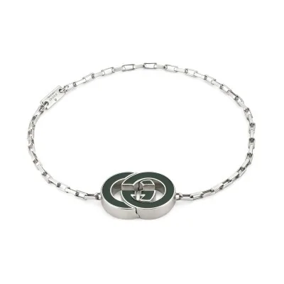 GUCCI Sterling Silver Interlocking Bracelet with Green Enamel YBA854121001 - Size Extra Large / 19cm
