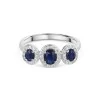 18ct White Gold Oval Cut 0.90ct Sapphire with Diamond Halo 3 Stone Ring