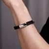 Gents Stainless Steel & Leather Double Strap Linked Bracelet