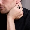 Silver Mens Black Detail Adjustable Signet Ring