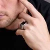 Silver Mens Black Detail Adjustable Signet Ring