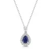 18ct White Gold Pear Cut Blue Sapphire with Diamond Halo Drop Pendant