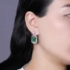 Silver Emerald Cut Forest Green Crystal and Cubic Zirconia Halo Drop Earrings
