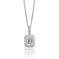 18ct White Gold Emerald Cut 0.41ct Diamond Halo Pendant