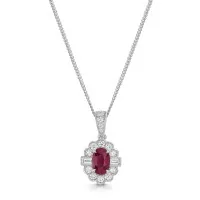 18ct White Gold 1.47ct Oval Cut Ruby and Mixed Cut Diamond Halo Pendant