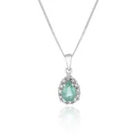 9ct White Gold Pear Shape Emerald and 0.04ct Diamond Cluster Pendant