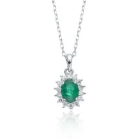 18ct White Gold Oval Cut 0.85ct Emerald and Diamond Halo Pendant