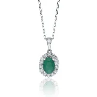 18ct White Gold Oval Cut 1.11ct Emerald and Diamond Halo Pendant