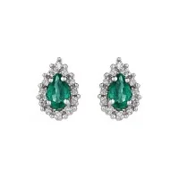 9ct White Gold Pear Cut Emerald 0.039ct Diamond Halo Earrings