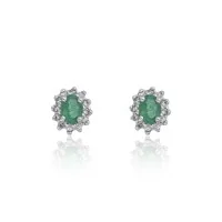 9ct White Gold 0.10ct Diamond and Emerald Halo Earrings