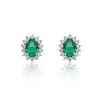 18ct White Gold 1.90ct Oval Cut Emerald & Diamond Traditional Halo Stud Earrings