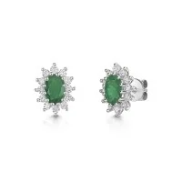 18ct White Gold Oval 0.84ct Emerald and 0.38ct Diamond Cluster Earrings