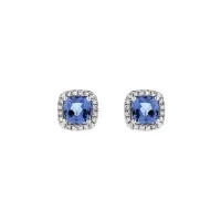 9ct White Gold Cushion Cut Tanzanite 0.76ct Diamond Halo Stud Earrings