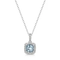 18ct White Gold Cushion Cut Aquamarine 0.75ct with Diamond Halo Pendant