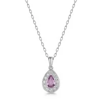 18ct White Gold Pear Cut 0.45ct Pink Sapphire with Diamond Halo Pendant