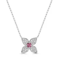 9ct White Gold Pink Tourmaline and 0.27ct Diamond Cluster Flower Pendant