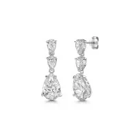 Silver Pear Cut Cubic Zirconia 3 Stone Drop Earrings