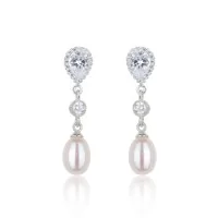 Silver Pearl and Cubic Zirconia Drop Earrrings