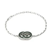 GUCCI Sterling Silver Interlocking Bracelet with Green Enamel YBA854121001 - Size Extra Large / 19cm