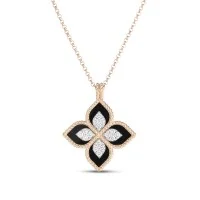 Roberto Coin Princess Flower 3.27ct Black Jade and 0.18ct Diamond Pendant Necklace
