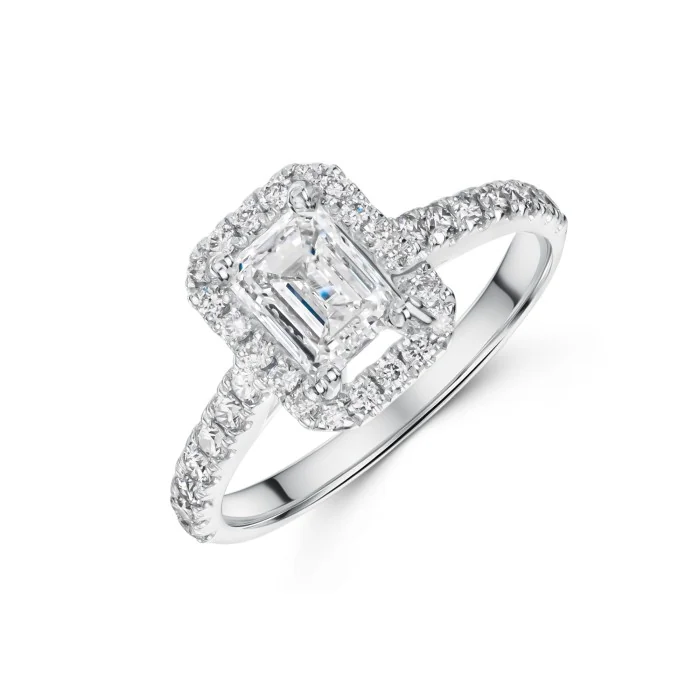 Platinum Emerald and Brilliant Cut 1.50ct Diamond Halo Ring