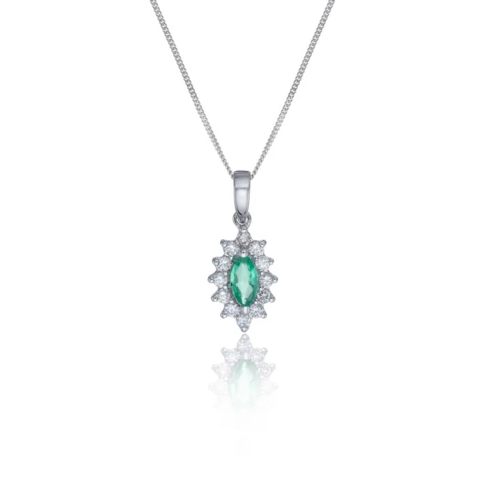 9ct White Gold Diamond 0.12ct and Emerald Halo Pendant