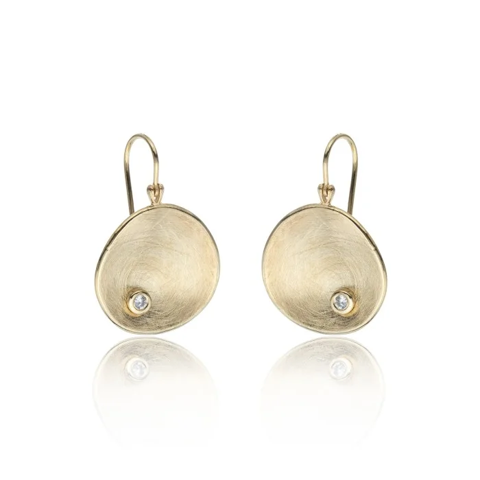 9ct Yellow Gold Cubic Zirconia Brushed Disc Drop Earrings 1