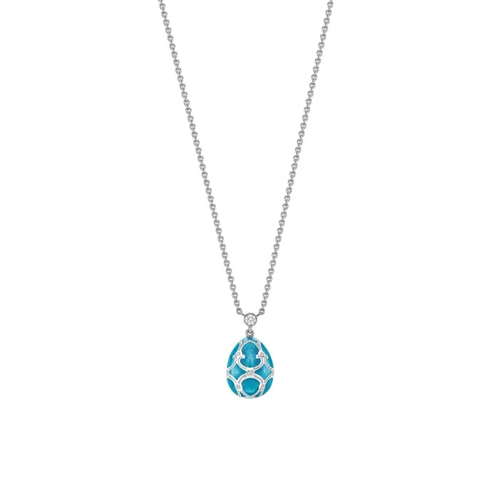 Fabergé Heritage White Gold Teal Guilloché Enamel Petite Egg Pendant 1152FP2454