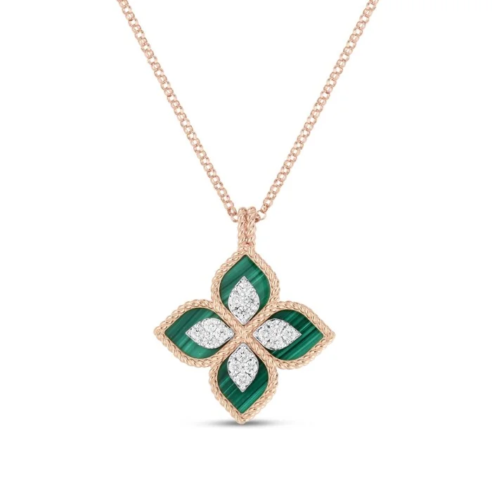 Roberto Coin Princess Flower 4.44ct Malachite 0.19ct Diamond Pendant Necklace
