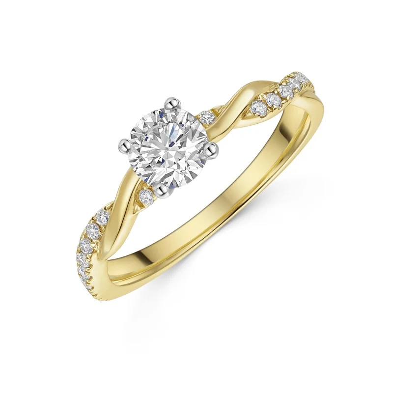 18ct Yellow Gold Round Brilliant 0.60ct Diamond Twist Ring with Diamond Set Shoulders